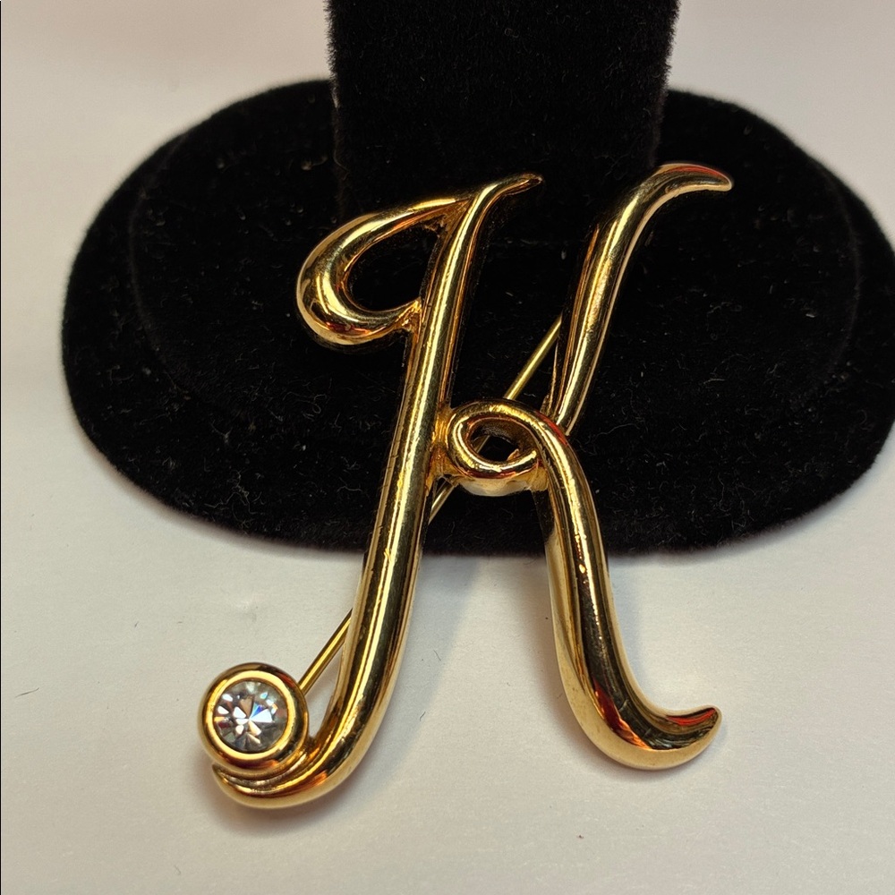 Gold Initial 'K' Monet Brooch with Crystal Accent